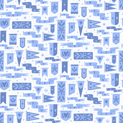 Courageous Banners, a seamless vector pattern with cute hand-drawn banners decorated with hearts, stars, and borage flowers in periwinkle blue. Playful design perfect for boy’s nursery, kids decor.