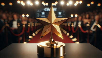 A photorealistic image of a golden star award trophy for a film festival. - obrazy, fototapety, plakaty
