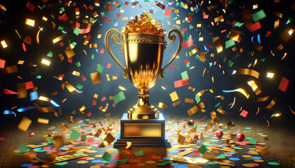 A photorealistic image of a golden trophy with a shower of multicolored confetti around it.