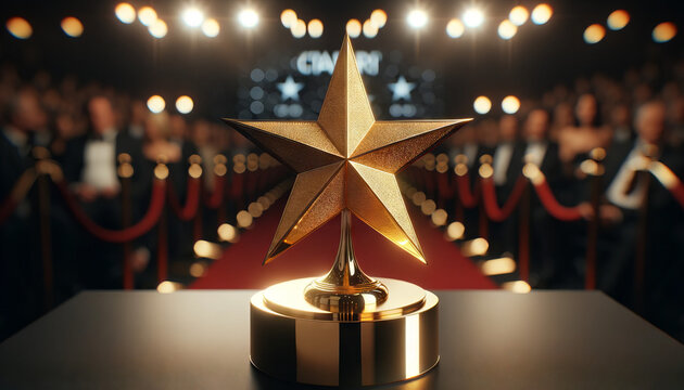 A photorealistic image of a golden star award trophy for a film festival.