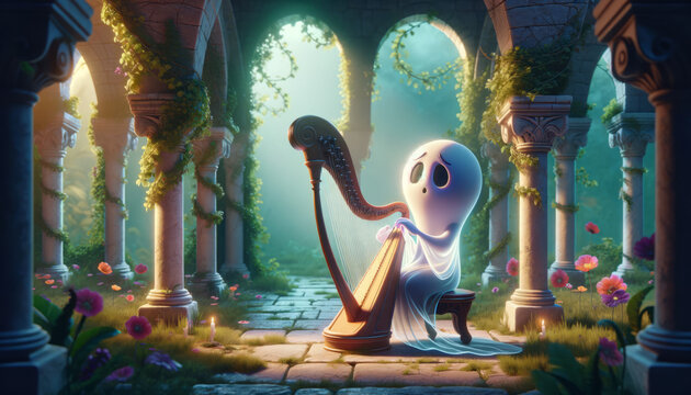 A whimsical animated art style image of a ghost playing a harp in a tranquil, ancient ruin.