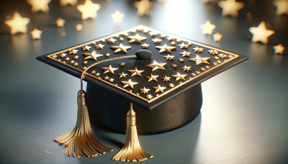 A photorealistic image of a graduation cap with gold stars and tassels.