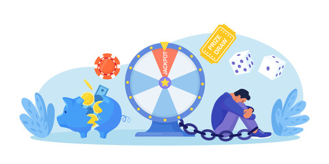 Man suffering from gambling addiction. Young guy addicted to betting. Sad player crying, losing money in casino, poker. Character chained to roulette