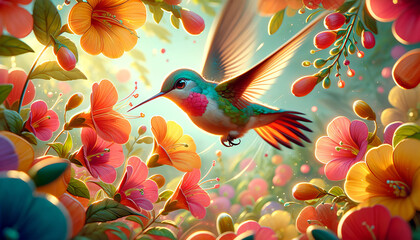 A whimsical, animated art style image of a close-up of a hummingbird hovering near bright flowers. - obrazy, fototapety, plakaty