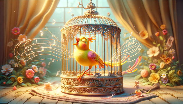 A whimsical, animated art style image of a canary singing in a beautifully crafted cage.