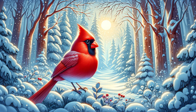 A whimsical, animated art style image of a cardinal in a snowy forest setting.