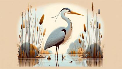 A whimsical, animated art style image of a heron standing still in a marshy water.