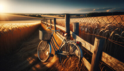 A bicycle leaning against a fence with wheat fields behind. - Powered by Adobe