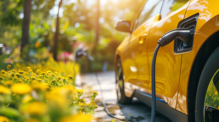 EV Car or Electric car at charging station with the power cable supply plugged in on blurred nature with soft light background. Eco-friendly alternative energy concept
