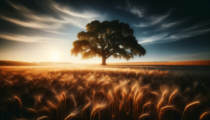 A lone tree in the midst of golden wheat fields under a clear blue sky.
