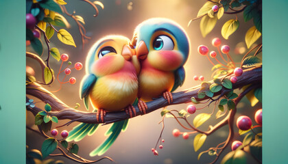 A whimsical, animated art style image of a pair of lovebirds cuddling on a branch.