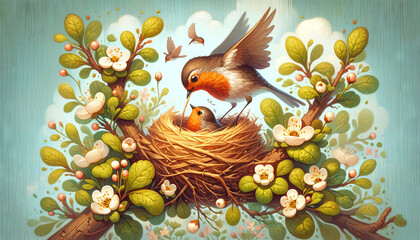 A whimsical, animated art style image of a robin building a nest in spring.