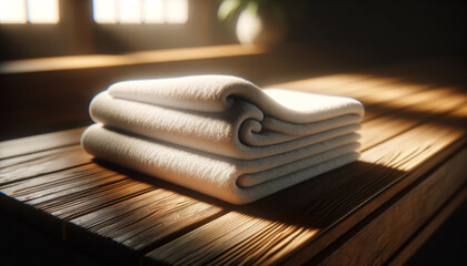 A photo-realistic image of a neatly folded white towel on a wooden bench.