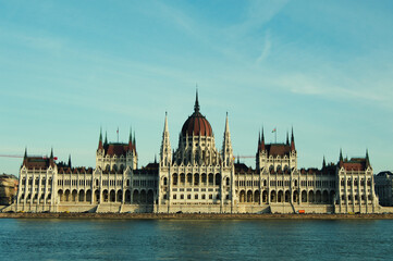 Fototapeta na wymiar Hungarian Parliament Building in Budapest, Hungary. Photo taken from the Danube River.
