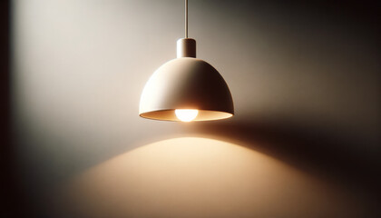 A photo-realistic image of a single pendant light hanging against a plain wall.