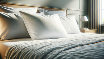 A photo-realistic image of a single white pillow on a neatly made bed.