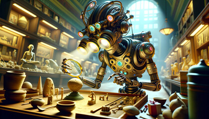 A whimsical, animated depiction of a historian cyborg studying ancient artifacts with enhanced vision.