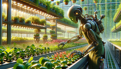 A whimsical, animated depiction of a gardener cyborg tending to an advanced hydroponic garden.