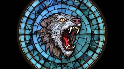 Stained Glass CIRCULAR terror werewolf HALLO WEENWHITE.Generative AI