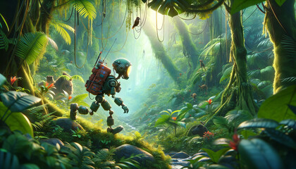 A whimsical, animated depiction of a jungle explorer cyborg trekking through a lush jungle with survival gear.