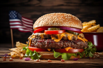 Classic burger, hot cutlet, processed cheese, burger on a wooden board, sunny day in the background american flag