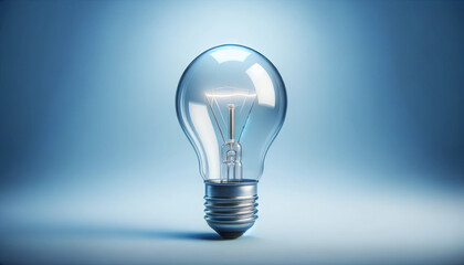 A photo-realistic image of a single, unlit light bulb against a pale blue background. - Powered by Adobe