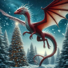Red snake dragon that fly in the place full of snow around the Christmas tree generated with Ai tool