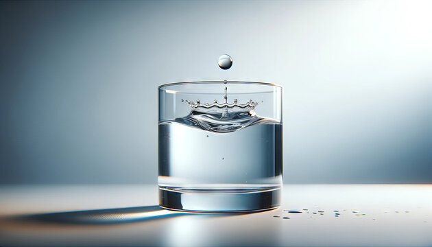 A photo-realistic image of a simple glass of water with a single drop falling into it, creating a dynamic ripple effect.