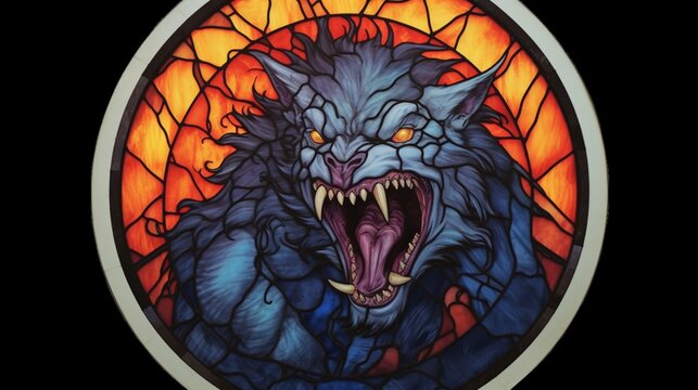 Stained Glass CIRCULAR terror werewolf HALLO WEENWHITE.Generative AI