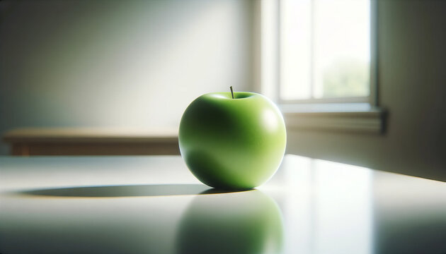 A photo-realistic image of a solitary green apple on a white countertop.