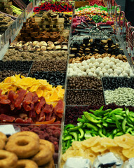 Assortment of sweets and dried fruits on the  street market in Budapest, Hungary