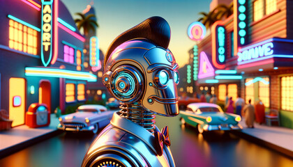 A whimsical, animated depiction of a retro-futuristic cyborg in a 1950s style setting.