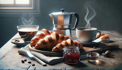 A photorealistic, hyper-detailed image of a table set for breakfast with croissants, jam, and a pot of coffee.