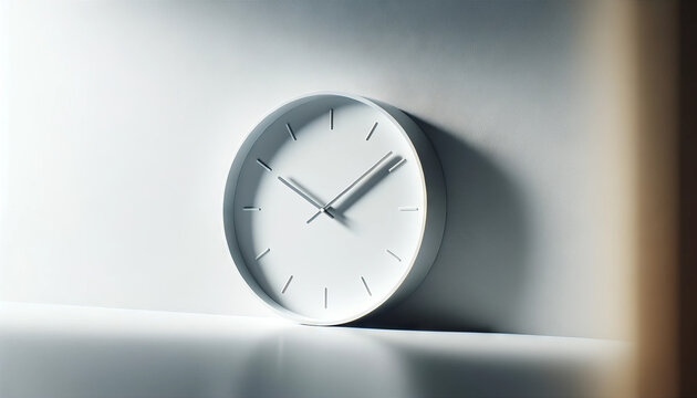 A photo-realistic image of a minimalist white clock face without hands on a white wall.