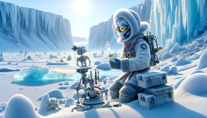A whimsical, animated depiction of an Arctic explorer cyborg conducting research in extreme cold conditions.