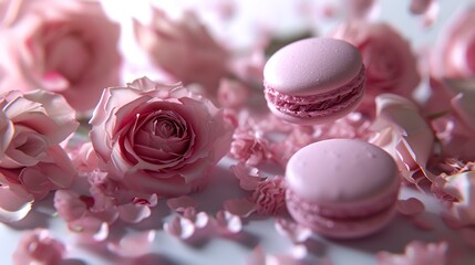 Macaroons with pink roses and petals on a white background