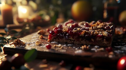 Cranberry cake with walnuts and raisins on a wooden board - obrazy, fototapety, plakaty