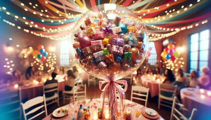 A festive and unique scene featuring balloons filled with small gifts or candies as party favors.