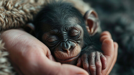 Close-up of a sleeping baby chimpanzee nestled in the safety of human hands - obrazy, fototapety, plakaty