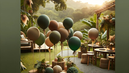 An eco-friendly celebration setting with balloons in earth tones like deep green, brown, and soft beige, giving a nod to nature and sustainability.