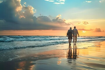 Eternal love. Old mature couple walking on beach at sunset. Romantic getaway. Senior embracing beauty of sunset. Sun kissed moments. Retired enjoying stroll together - obrazy, fototapety, plakaty