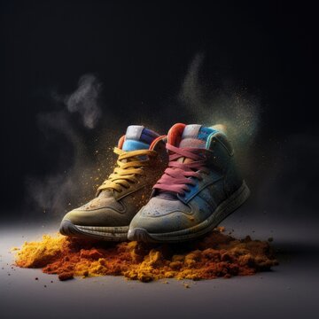 Shoe on abstract multicolor smoke explosion background. Advertising shoe, commercial photography, powerful explosion of mix color dust. Fashion or sport texture. 