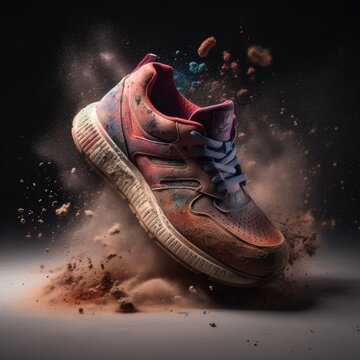 Shoe on abstract multicolor smoke explosion background. Advertising shoe, commercial photography, powerful explosion of mix color dust. Fashion or sport texture.