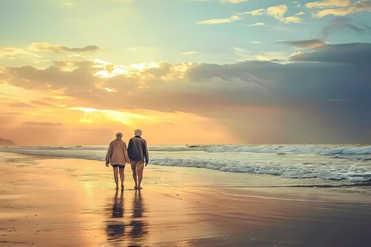 Eternal Love. Old Mature Couple Walking On Beach At Sunset. Romantic Getaway. Senior Embracing Beauty Of Sunset. Sun Kissed Moments. Retired Enjoying Stroll Together