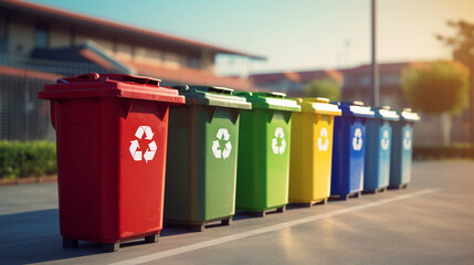 Multicolored trash cans near road with recycle symbols on it