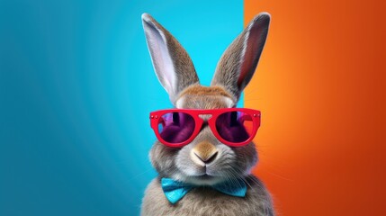 Funny rabbit wearing sunglasses on colorful background. Easter holiday concept. 