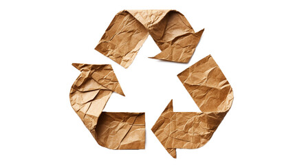 Eco recycling recycle symbol made of crumpled kraft paper on transparent background, PNG