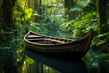 Traditional Canoe in a Lush Green Tropical Forest.