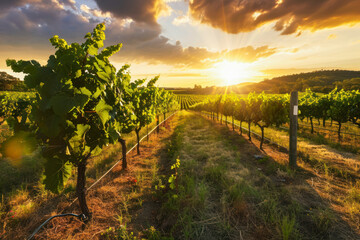 Fototapeta na wymiar Vineyard sunset, a breathtaking scene capturing the sun setting over a picturesque vineyard, with rows of grapevines bathed in warm hues.