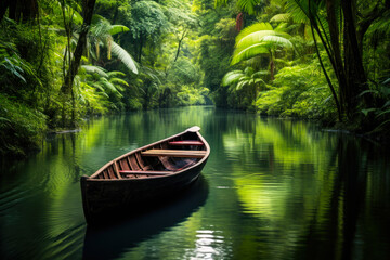Obraz premium Traditional Canoe in a Lush Green Tropical Forest.